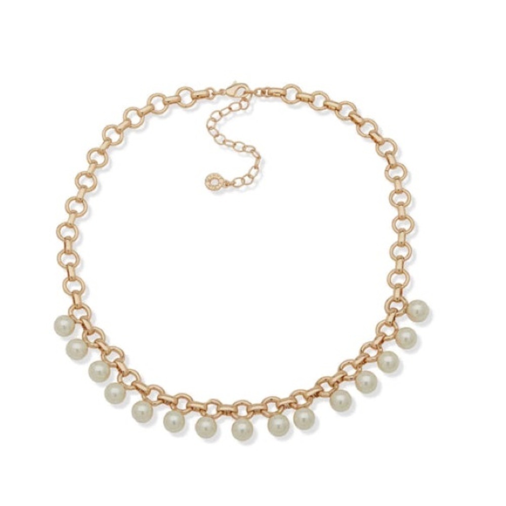 NWT Goldtone and Faux Pearl Rolo-Chain Collar Necklace